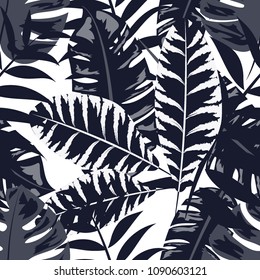 Watercolor seamless pattern with tropical leaves: palms, monstera, passion fruit. Swimwear botanical design. Vector.