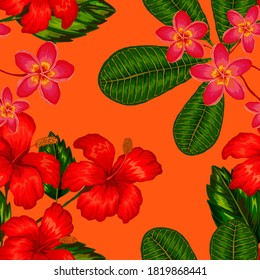 Watercolor seamless pattern with tropical leaves and flowers. Beautiful allover print with hand drawn exotic plants. Swimwear botanical design. Vector. Vintage exotic print.