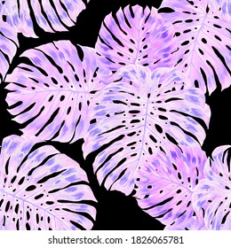 Watercolor seamless pattern with tropical leaves and flowers. Beautiful allover print with hand drawn exotic plants. Swimwear botanical design. Vector. Vintage exotic print.