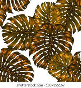 Watercolor seamless pattern with tropical leaves and flowers. Beautiful allover print with hand drawn exotic plants. Swimwear botanical design. Vector. Vintage exotic print.