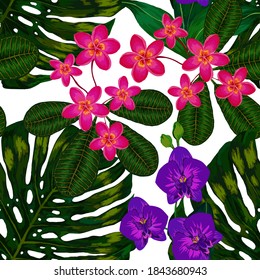 Watercolor seamless pattern with tropical leaves and flowers. Beautiful allover print with hand drawn exotic plants. Swimwear botanical design. Vector. Vintage exotic print.	