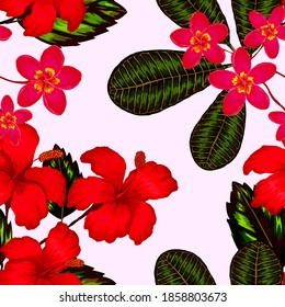 Watercolor seamless pattern with tropical leaves and flowers. Beautiful allover print with hand drawn exotic plants. Swimwear botanical design. Vector. Vintage exotic print.	