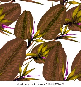 Watercolor seamless pattern with tropical leaves and flowers. Beautiful allover print with hand drawn exotic plants. Swimwear botanical design. Vector. Vintage exotic print.	