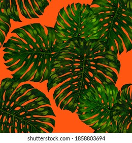 Watercolor seamless pattern with tropical leaves and flowers. Beautiful allover print with hand drawn exotic plants. Swimwear botanical design. Vector. Vintage exotic print.	