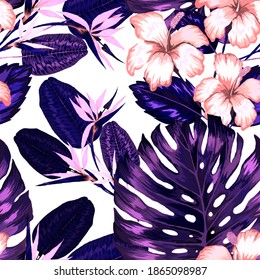 Watercolor seamless pattern with tropical leaves and flowers. Beautiful allover print with hand drawn exotic plants. Swimwear botanical design. Vector. Vintage exotic print