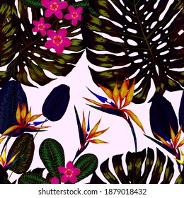 Watercolor seamless pattern with tropical leaves and flowers. Beautiful allover print with hand drawn exotic plants. Swimwear botanical design. Vector. Vintage exotic print.	