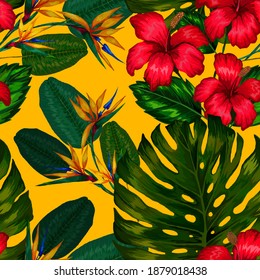 Watercolor seamless pattern with tropical leaves and flowers. Beautiful allover print with hand drawn exotic plants. Swimwear botanical design. Vector. Vintage exotic print.	