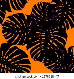 Watercolor seamless pattern with tropical leaves and flowers. Beautiful allover print with hand drawn exotic plants. Swimwear botanical design. Vector. Vintage exotic print.	