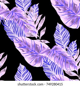 Watercolor seamless pattern with tropical leaves: palms, monstera, passion fruit. Beautiful allover print with hand drawn exotic plants. Swimwear botanical design. Vector.