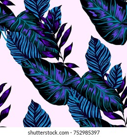 Watercolor seamless pattern with tropical leaves: palms, monstera, passion fruit. Beautiful allover print with hand drawn exotic plants. Swimwear botanical design. Vector.