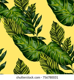 Watercolor seamless pattern with tropical leaves: palms, monstera, passion fruit. Beautiful allover print with hand drawn exotic plants. Swimwear botanical design. Vector.