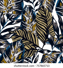 Watercolor seamless pattern with tropical leaves: palms, monstera, passion fruit. Beautiful allover print with hand drawn exotic plants. Swimwear botanical design. Vector.