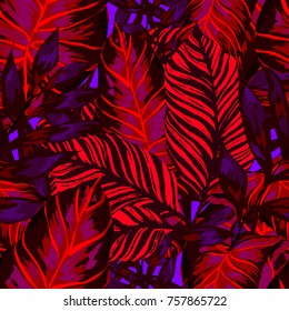 Watercolor seamless pattern with tropical leaves: palms, monstera, passion fruit. Beautiful allover print with hand drawn exotic plants. Swimwear botanical design. Vector.