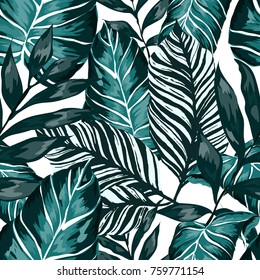 Watercolor seamless pattern with tropical leaves: palms, monstera, passion fruit. Beautiful allover print with hand drawn exotic plants. Swimwear botanical design. Vector.