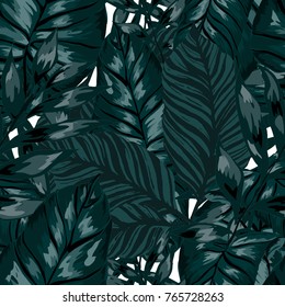 Watercolor seamless pattern with tropical leaves: palms, monstera, passion fruit. Beautiful allover print with hand drawn exotic plants. Swimwear botanical design. Vector.

