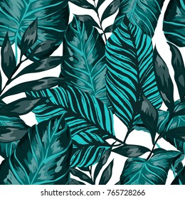 Watercolor seamless pattern with tropical leaves: palms, monstera, passion fruit. Beautiful allover print with hand drawn exotic plants. Swimwear botanical design. Vector.

