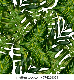 Watercolor seamless pattern with tropical leaves: palms, monstera, passion fruit. Beautiful allover print with hand drawn exotic plants. Swimwear botanical design. Vector.

