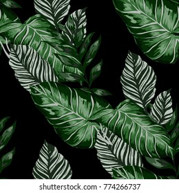 Watercolor seamless pattern with tropical leaves: palms, monstera, passion fruit. Beautiful allover print with hand drawn exotic plants. Swimwear botanical design. Vector.