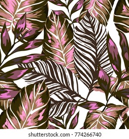 Watercolor seamless pattern with tropical leaves: palms, monstera, passion fruit. Beautiful allover print with hand drawn exotic plants. Swimwear botanical design. Vector.