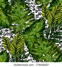 Watercolor seamless pattern with tropical leaves: palms, monstera, passion fruit. Beautiful allover print with hand drawn exotic plants. Swimwear botanical design. Vector.

