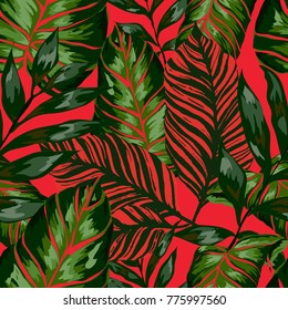 Watercolor seamless pattern with tropical leaves: palms, monstera, passion fruit. Beautiful allover print with hand drawn exotic plants. Swimwear botanical design. Vector.
