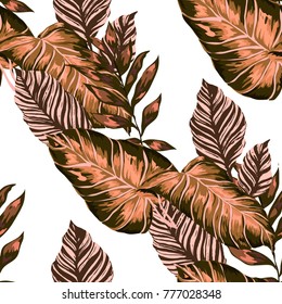Watercolor seamless pattern with tropical leaves: palms, monstera, passion fruit. Beautiful allover print with hand drawn exotic plants. Swimwear botanical design. Vector.

