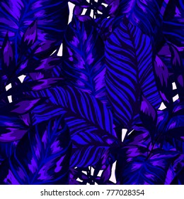 Watercolor seamless pattern with tropical leaves: palms, monstera, passion fruit. Beautiful allover print with hand drawn exotic plants. Swimwear botanical design. Vector.
