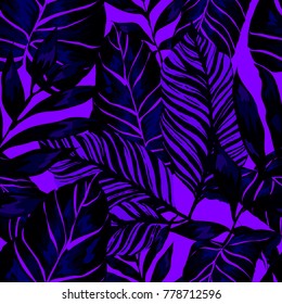 Watercolor seamless pattern with tropical leaves: palms, monstera, passion fruit. Beautiful allover print with hand drawn exotic plants. Swimwear botanical design. Vector.
