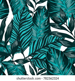 Watercolor seamless pattern with tropical leaves: palms, monstera, passion fruit. Beautiful allover print with hand drawn exotic plants. Swimwear botanical design. Vector.
