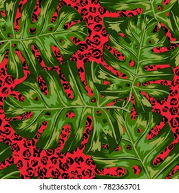 Watercolor seamless pattern with tropical leaves: palms, monstera, passion fruit. Beautiful allover print with hand drawn exotic plants. Swimwear botanical design. Vector.

