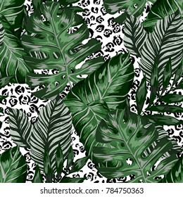 Watercolor seamless pattern with tropical leaves: palms, monstera, passion fruit. Beautiful allover print with hand drawn exotic plants. Swimwear botanical design. Vector.
