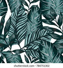 Watercolor seamless pattern with tropical leaves: palms, monstera, passion fruit. Beautiful allover print with hand drawn exotic plants. Swimwear botanical design. Vector.
