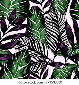 Watercolor seamless pattern with tropical leaves: palms, monstera, passion fruit. Beautiful allover print with hand drawn exotic plants. Swimwear botanical design. Vector.
