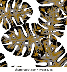 Watercolor seamless pattern with tropical leaves: palms, monstera, passion fruit. Beautiful allover print with hand drawn exotic plants. Swimwear botanical design. Vector.
