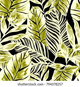 Watercolor seamless pattern with tropical leaves: palms, monstera, passion fruit. Beautiful allover print with hand drawn exotic plants. Swimwear botanical design. Vector.
