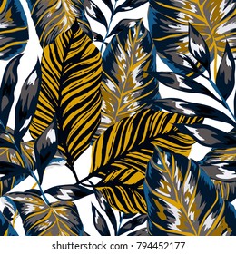 Watercolor seamless pattern with tropical leaves: palms, monstera, passion fruit. Beautiful allover print with hand drawn exotic plants. Swimwear botanical design. Vector.
