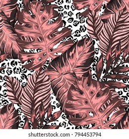 Watercolor seamless pattern with tropical leaves: palms, monstera, passion fruit. Beautiful allover print with hand drawn exotic plants. Swimwear botanical design. Vector.
