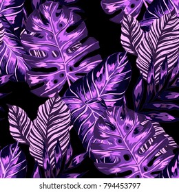 Watercolor seamless pattern with tropical leaves: palms, monstera, passion fruit. Beautiful allover print with hand drawn exotic plants. Swimwear botanical design. Vector.
