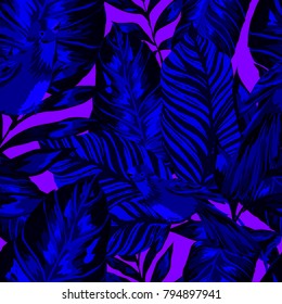 Watercolor seamless pattern with tropical leaves: palms, monstera, passion fruit. Beautiful allover print with hand drawn exotic plants. Swimwear botanical design. Vector.
