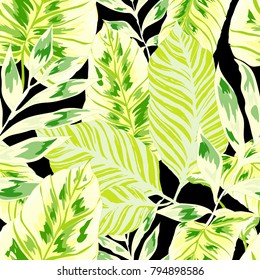 Watercolor seamless pattern with tropical leaves: palms, monstera, passion fruit. Beautiful allover print with hand drawn exotic plants. Swimwear botanical design. Vector.
