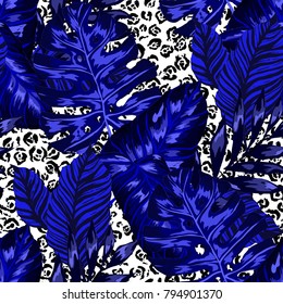 Watercolor seamless pattern with tropical leaves: palms, monstera, passion fruit. Beautiful allover print with hand drawn exotic plants. Swimwear botanical design. Vector.
