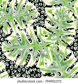 Watercolor seamless pattern with tropical leaves: palms, monstera, passion fruit. Beautiful allover print with hand drawn exotic plants. Swimwear botanical design. Vector.
