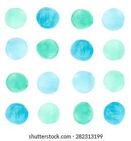 Watercolor seamless pattern turquoise polka dots. Vector Illustration