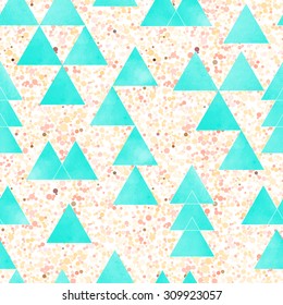 watercolor seamless pattern with turquoise triangle and dots background 