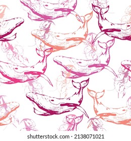 Watercolor seamless pattern with underwater world, fish, whale, shark, dolphin, starfish, jellyfish, algae, seashells Ocean animal background.