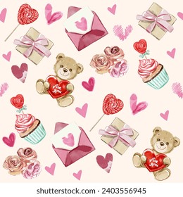 Watercolor seamless pattern for Valentine's Day. Cute teddy bear, envelope, bouquet with roses, pink heart and lollipop. Retro style. Modern trend 2024