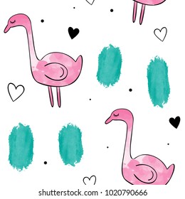 Watercolor seamless pattern vector / background. Pink flamingo