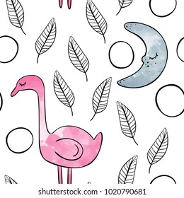 Watercolor seamless pattern vector / background. Pink flamingo