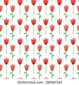 Watercolor seamless pattern. Vector hand drawn illustration. Romantic floral background with red tulips.