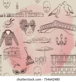 Watercolor Seamless pattern with Venice sketch